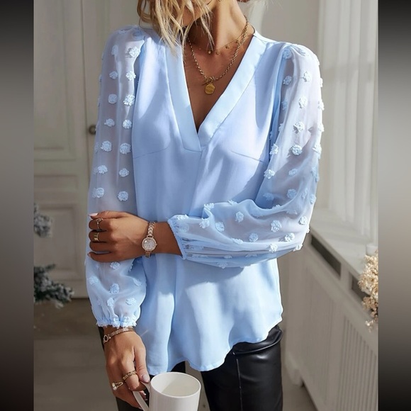 Luxe blue  V neck Swiss dot sleeve blouse - Picture 2 of 15